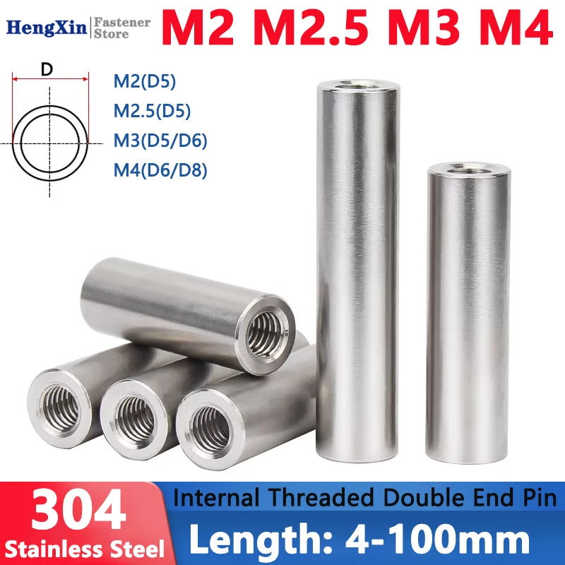 M2 M2.5 M3 M4 304 Stainless Steel Internal Threaded Cylindral Dowel Positioning Connecting Rod Double End Pin Length 4-100mm