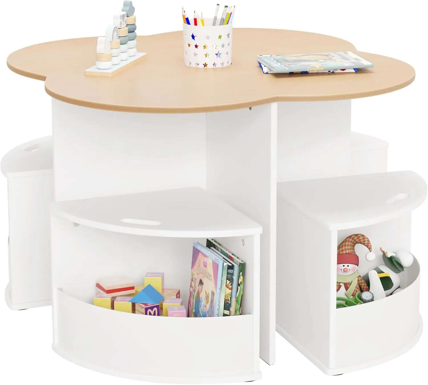 and Chair Set with 4 Storage Stools, Flower Shaped Nesting Design Table with Built-in Pen Holder, Kids Table for Activity/