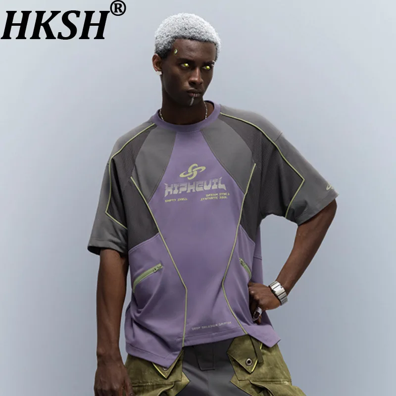 

HKSH Summer New Man Punk Quick-Dry Ice Feel Tees Chic Ins Future Mesh Waste Land Style Mesh Patchwork Pocket Dark T-shirt HK7398