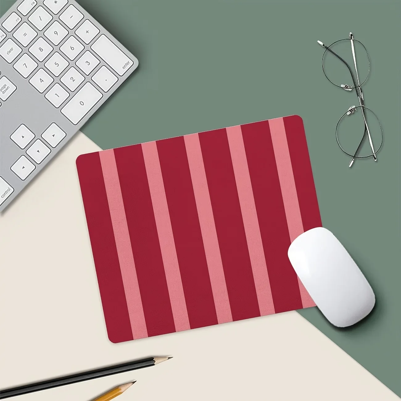 Small Mouse Pad, Non-slip, Stitched Edges, Dark Red Pink Vertical Stripe Print, Mat for Office & Gaming