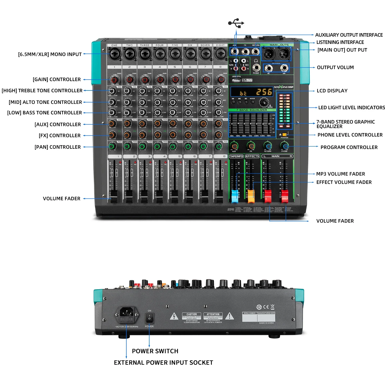 OEM MG8 USB Connection Built-in 256 Reverb Effect 8 Channels Digital Powered Audio Mixer Console