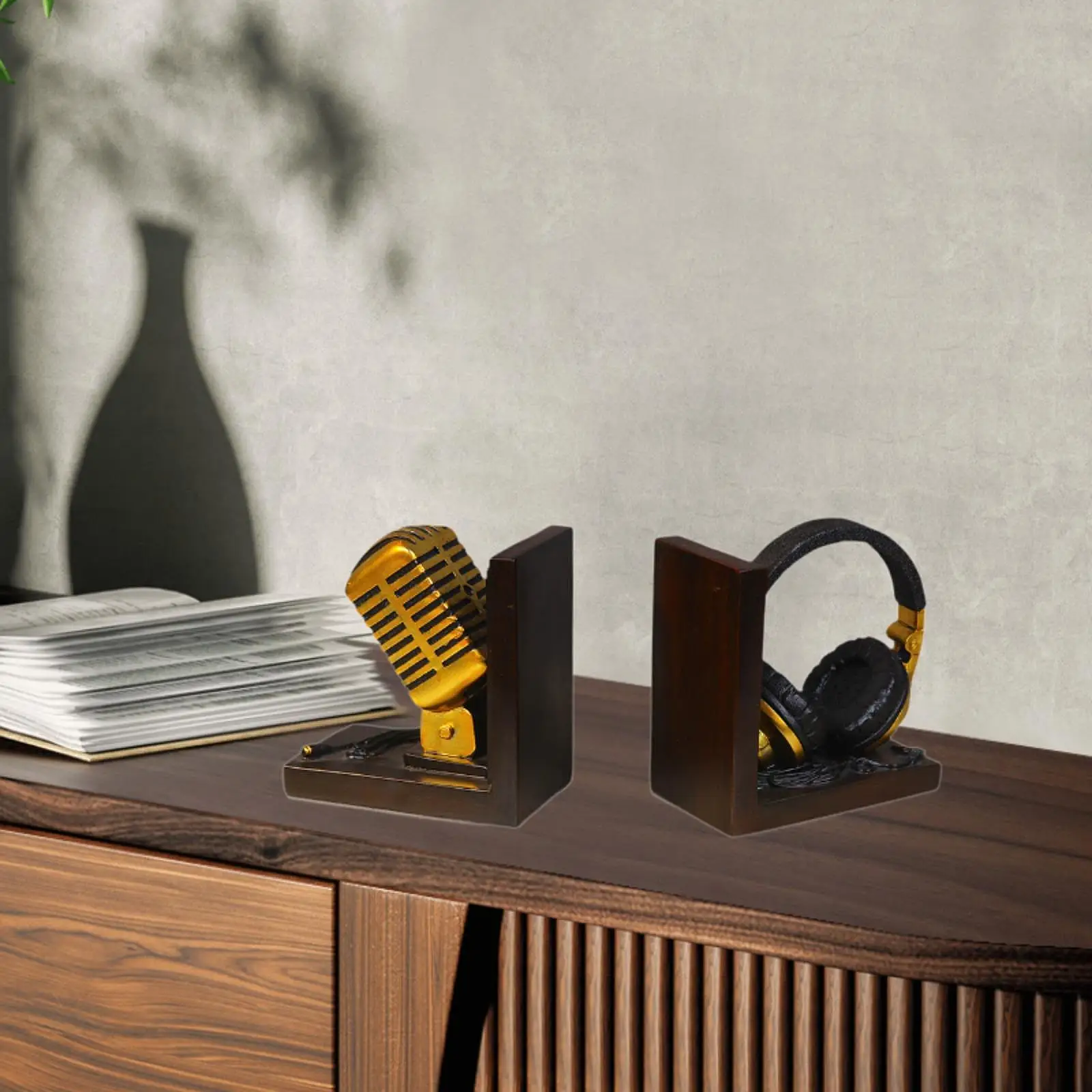 Bookends Tabletop Unique Microphone Headset Shape for Desk Coffee Table