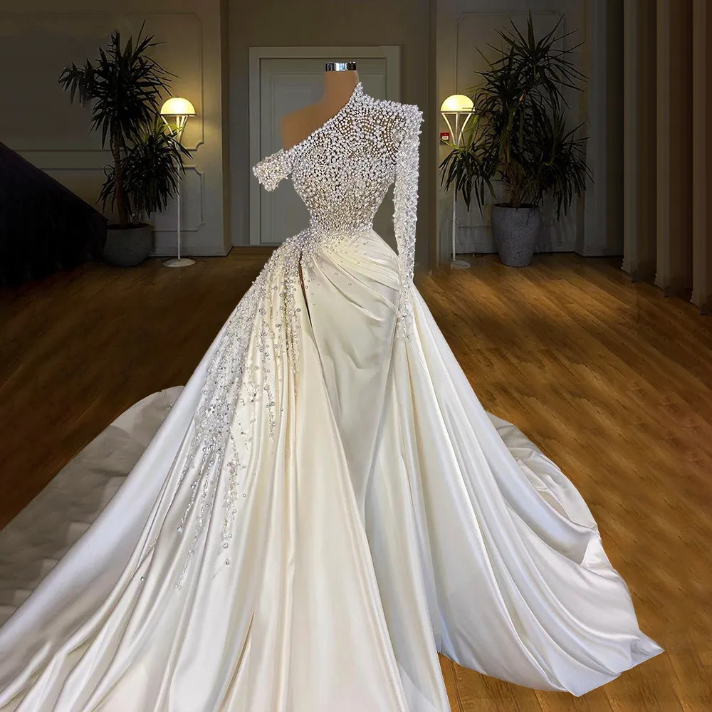 Robe de Mariée Luxueuse Blanche en Satin avec Perles et Traîne, Sirène, Sur Mesure, Élégante, Exquise