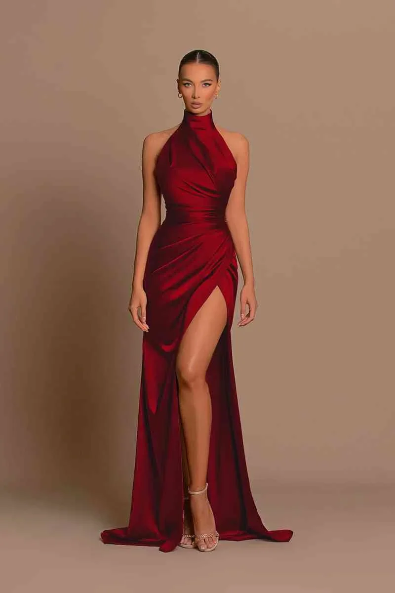 Fashion vane 2024 Scheide High Neck ärmelloses Satin Plissee boden lang High Side Slit Long Ballkleid Abendkleid