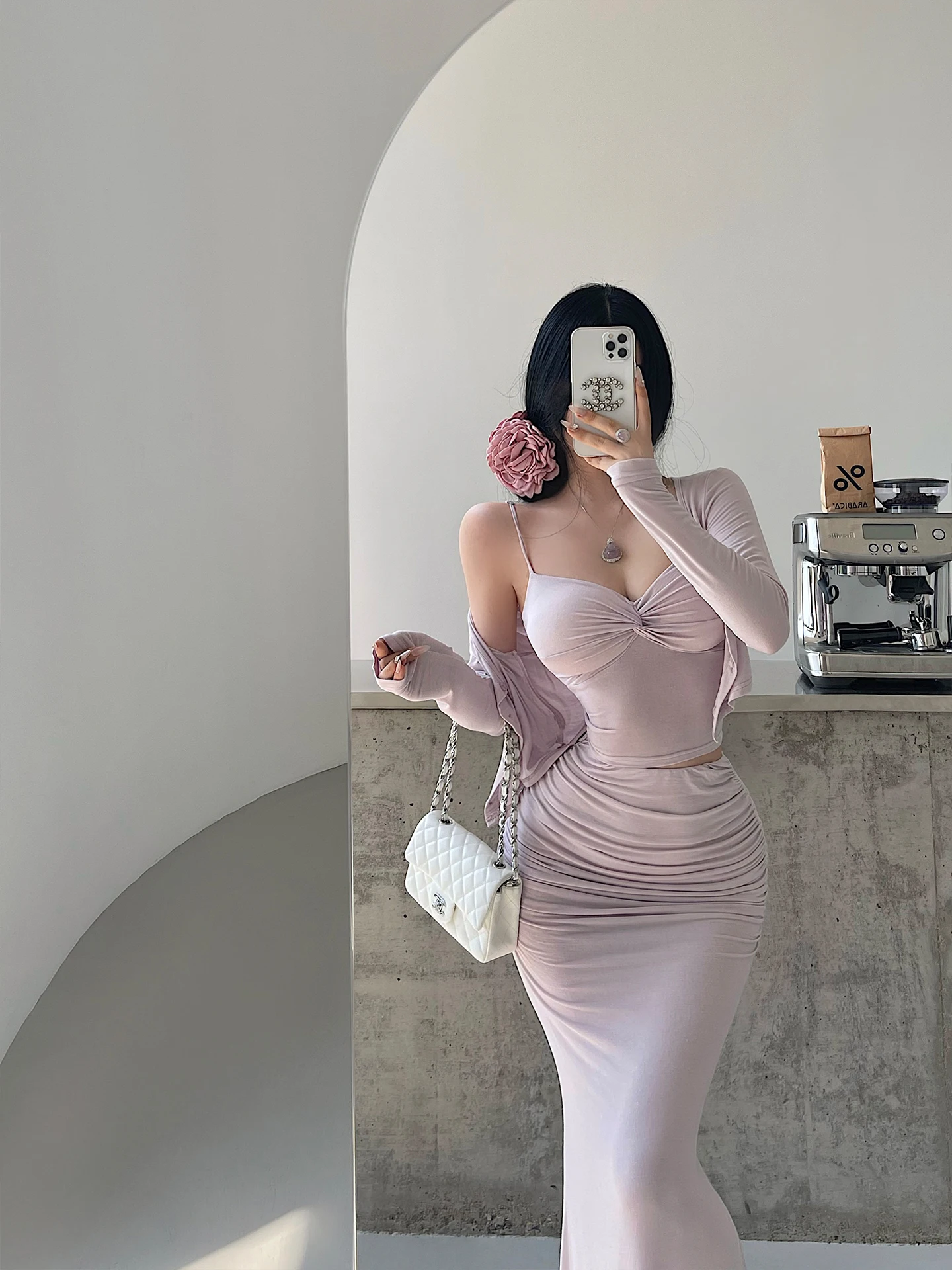 Young Girl Day Pure Desire Strap Vest Long Sleeve Open Cardigan Pleated Back Split Fish Tail Wrap around  Skirt Set