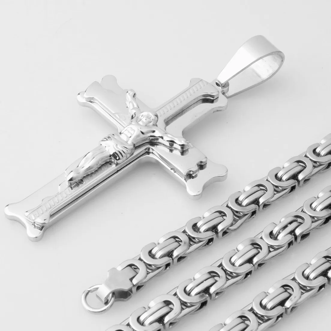 Fashion Silver Color Jesus Cross Stainless Steel Pendants Necklaces Byzantine Long Chain Necklace for Women Men Jewelry