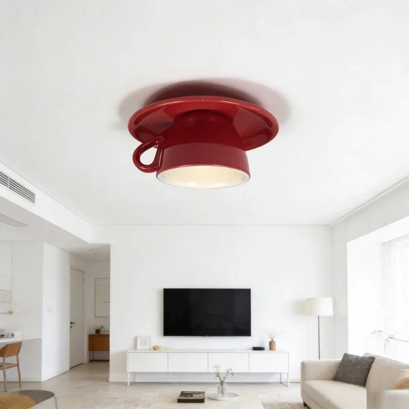 Teacup Ceiling Light Creative Cup and Saucer Shape Flush Mount Lamp Kids Bedroom Kitchen Decor Ceiling Lamp