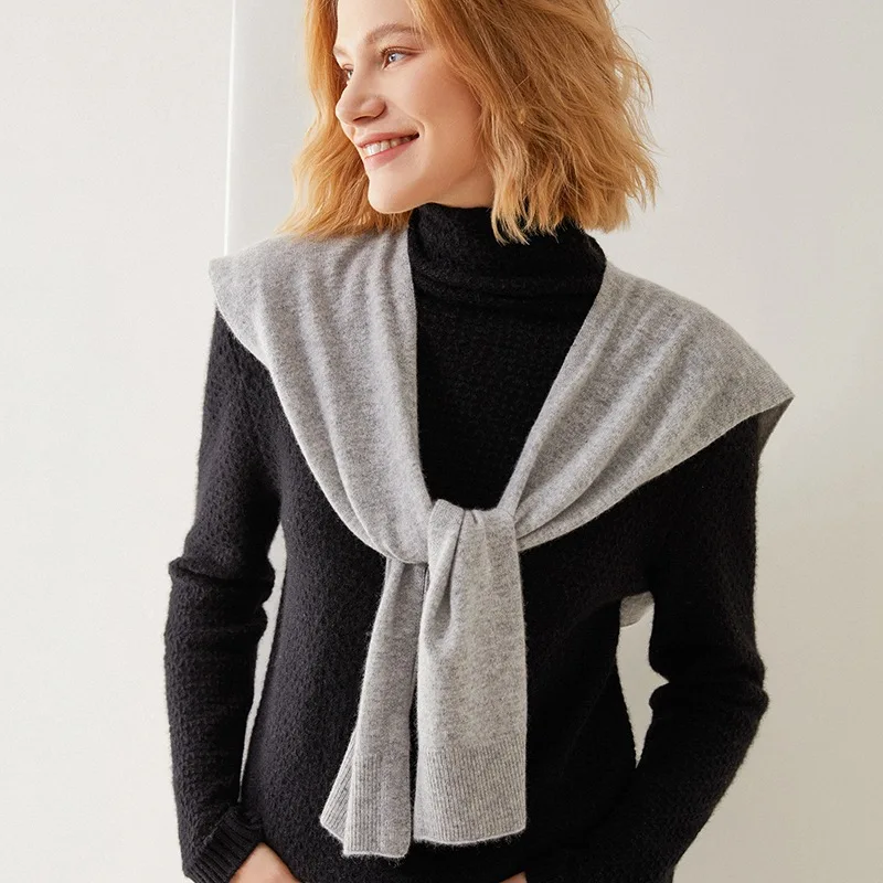 

Женская вязаная шаль в корейском стиле, 100% чистый кашемир, защитный воротник-шарф, однотонный, теплый зимний, с имитацией воротника-капы, завязывающийся шарф