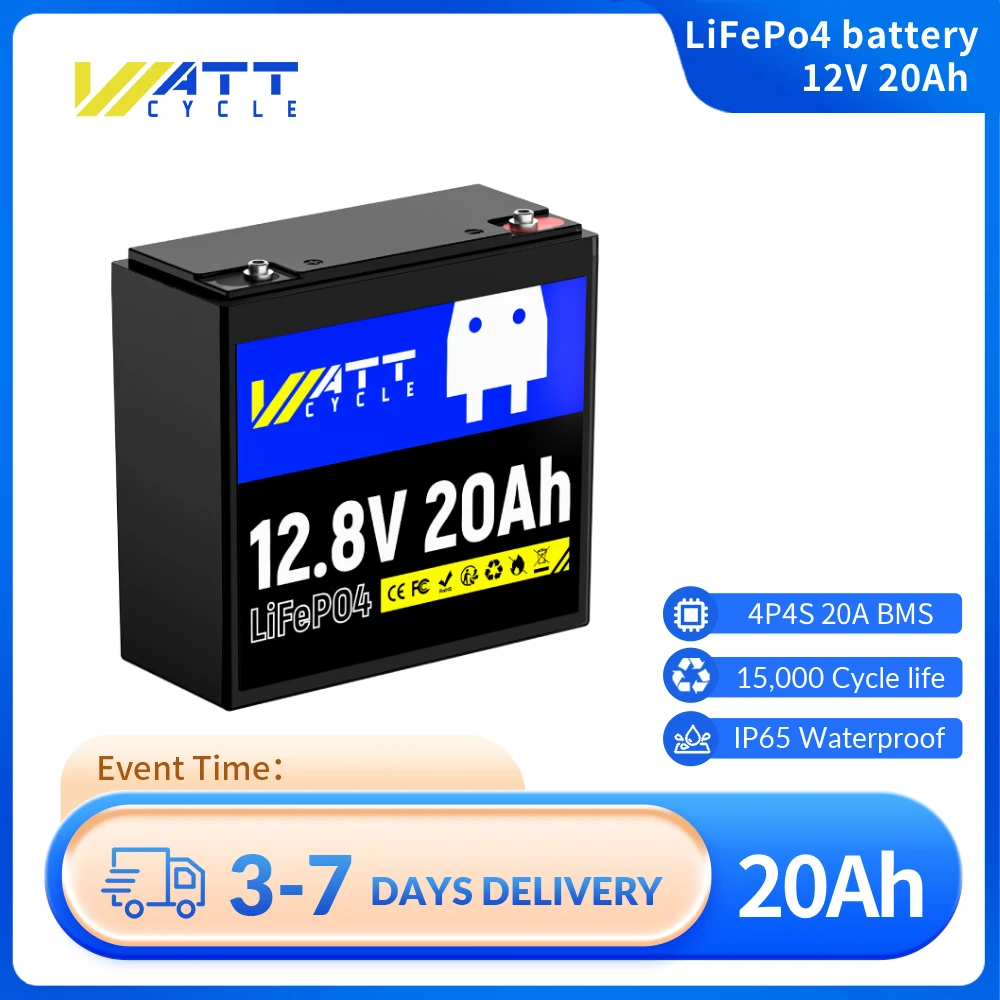 

WattCycle 12 В 20 Ач LiFePO4 Встроенный аккумулятор 20 А BMS Безопасный перезаряжаемый электрический портативный литий-железо-фосфатный аккумулятор