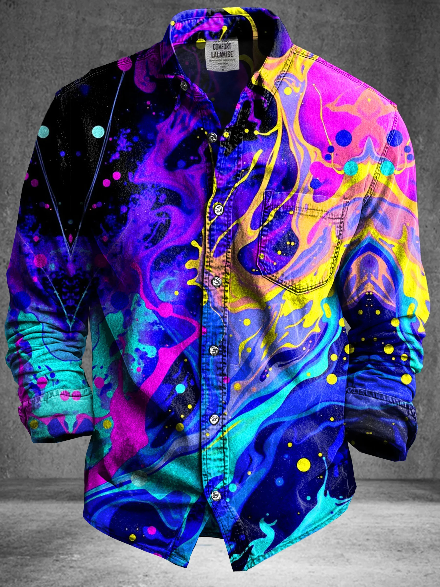 Vintage Abstract Gradient Wave Totem Art 3D Printed Long Sleeve Button down Shirt Casual Lapel Mens Spring Fashion