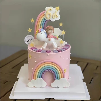 9 pcs unicorn rainbow cake topper unicorn with rainbow clouds stars Happy birthday cake decorations for girls one year old party