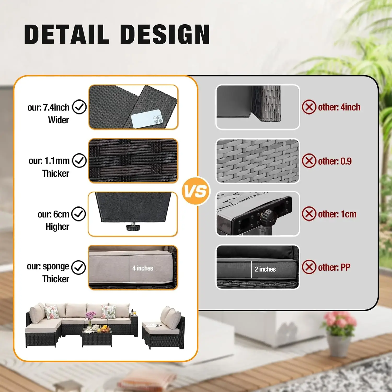 9Pcs Patio Set All-Weather Wicker Sectional Conversation Sofa Rattan Patio Seating Sofa with Cushion and Glass Table and Ottoman