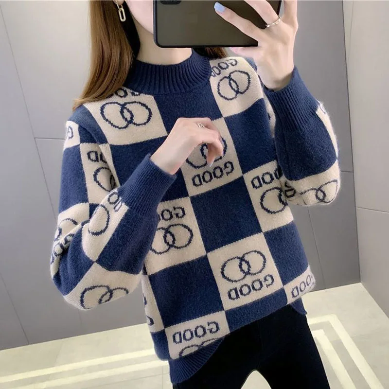 Autumn and Winter Fashion Trends Half High Collar Colored Jacquard Loose Versatile Casual Western Style Women\'s Knitted Sweater