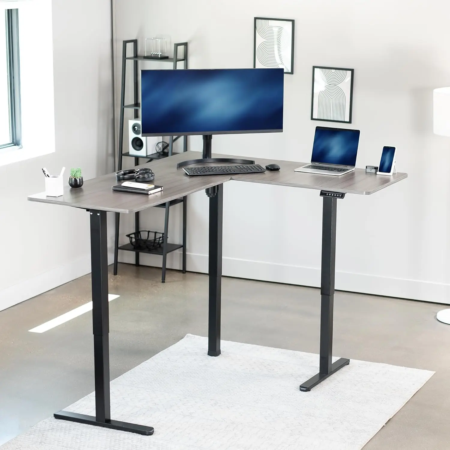 VIVO Electric Height Adjustable 63 x 55 inch Corner Stand Up Desk, Gray Table Top, Black Frame, L-Shaped Standing Workstation