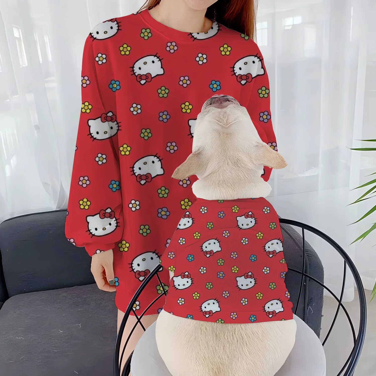 Women's Sweatshirts Dog Clothing Casual Round Neck Hello Kitty Autumn Clothes Pet Pullover Parent-Child Winter Puppy Long Sleeve