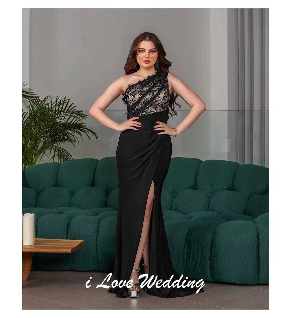 One Shoulder Chiffon Sexy Straight Backless Saudi Dress Side High Split Long Court Evening Gown with Lace Bodice Customized