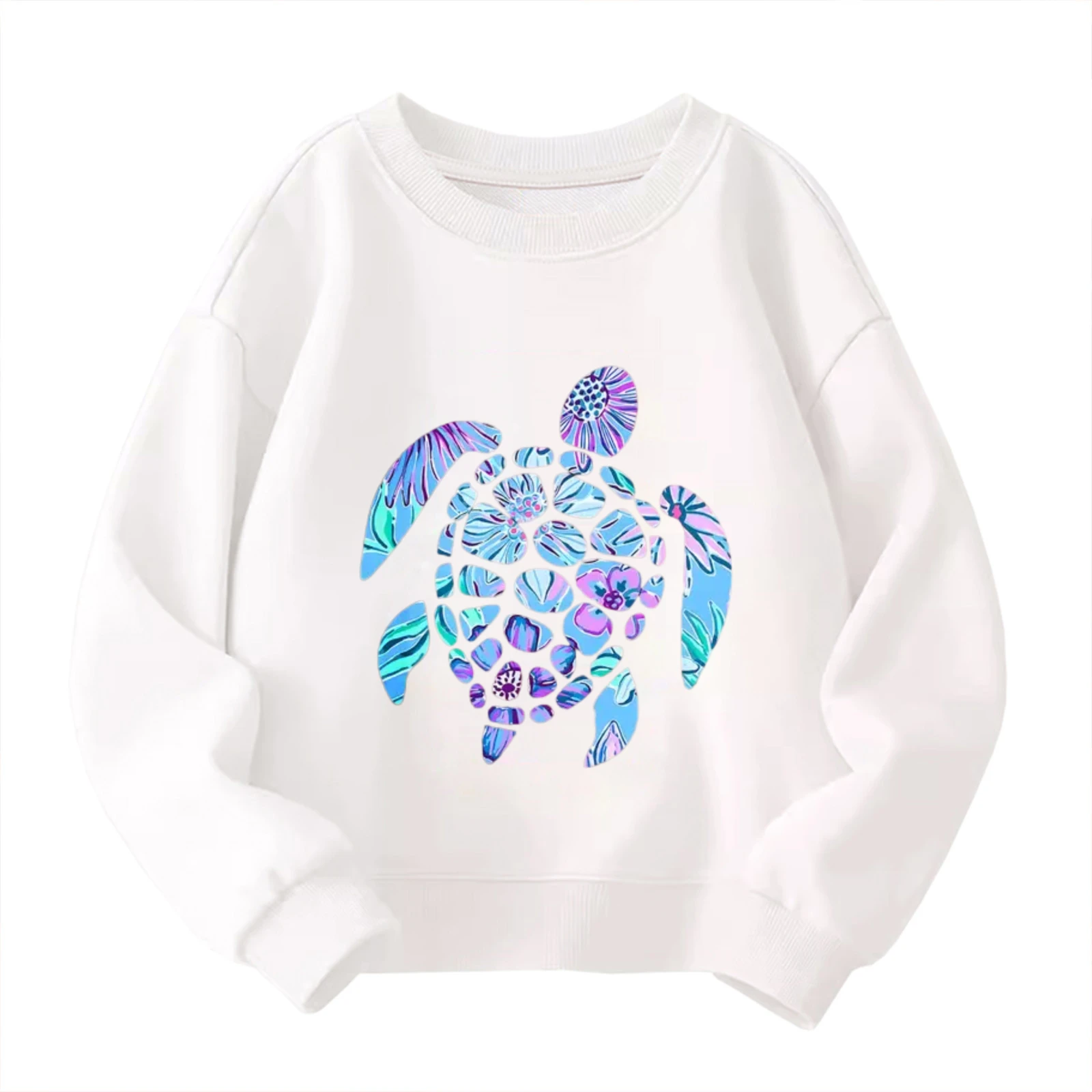 

Детская толстовка с круглым вырезом — белый пуловер с цветочным принтом «Морская черепаха» в стиле океана в стиле бохо с естетической природой и графикой