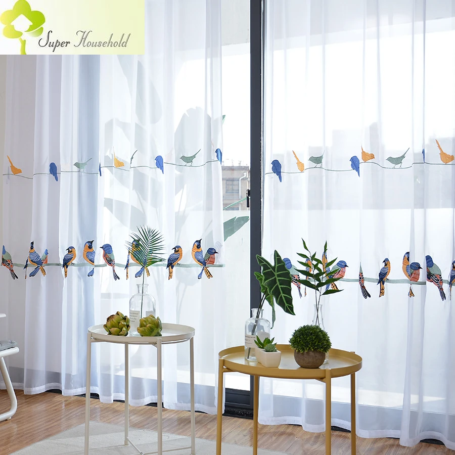 Modern Embroidered Bird Curtains Living Room Cotton Linen Window Tulle for Kid Bedroom Elegant White Sheer Curtain for Kitchen