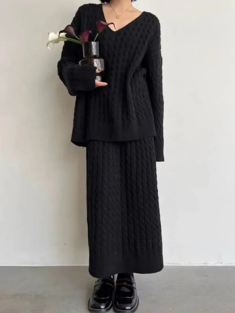 Korean Chic Autumn Knitwear Two Piece Set V-neck Cable-knit Pullover Sweaters High Waist Straight Long Skirts 2024 Dress Sets