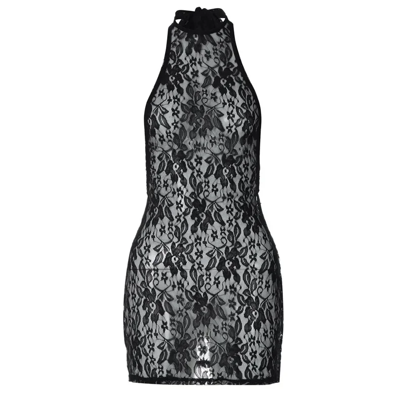 Sexy European and American Style Frock Fashion Lace Dew Backpack Hip Slim Fit Nightclub Essential Hanging Neck Dress