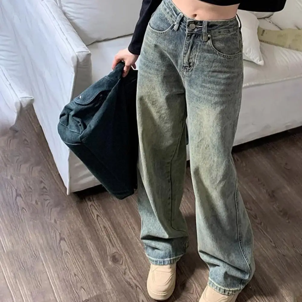 กางเกงยีนส์ขาบานสตรีทวินเทจของผู้หญิงกางเกงยีนส์ซักได้กางเกงขายาวสีฟ้าเบสิกธรรมดาฤดูใบไม้ผลิ