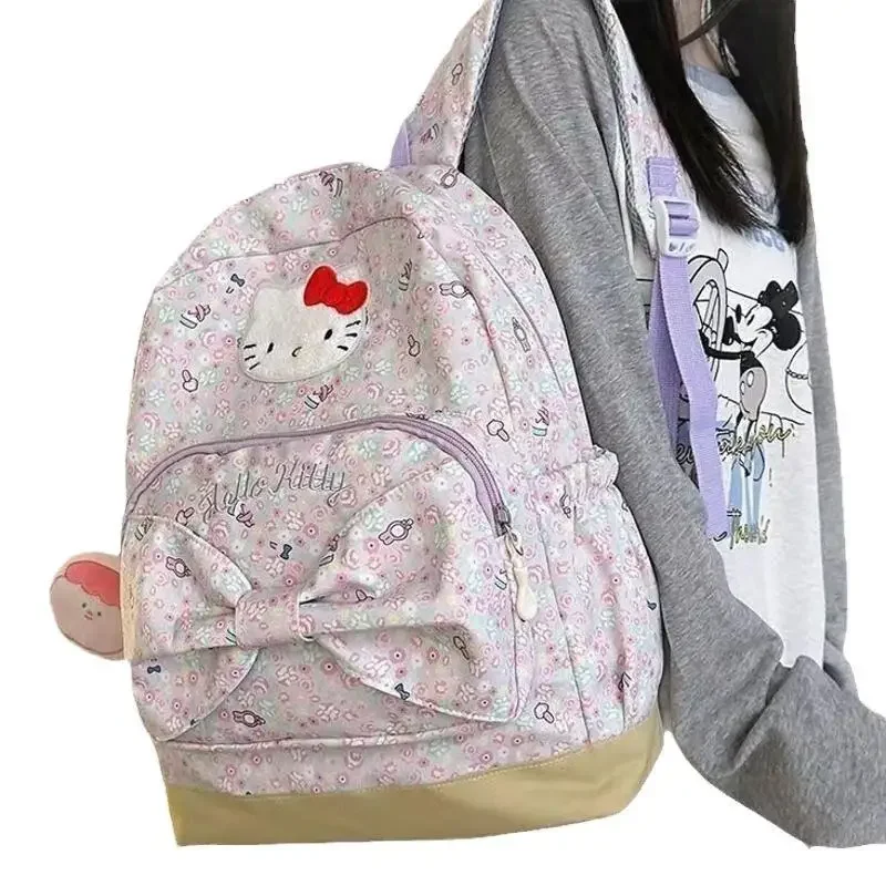 Детский рюкзак Hello Kitty Sanrios с бантом, милая школьная сумка с принтом, большая вместимость, кавайный мультфильм, студенческий холст, аниме-фигурка