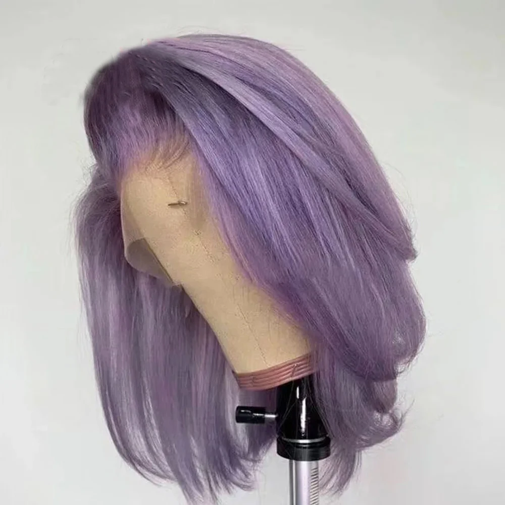 

Пепельно-фиолетовый парик фронта шнурка 13x6, мягкие предварительно сорванные, 14 дюймов, плотность 180, прямые синтетические волосы ребенка, бесклеевые парики для повседневного ношения