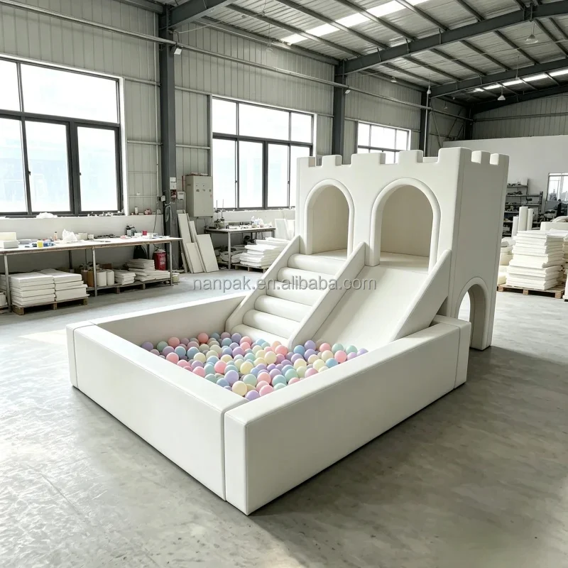 White Castle Soft Play Set With Slide & Square Ball Pit | Indoor Soft Playground Equipment for Party Hire, Daycare, Event Rental