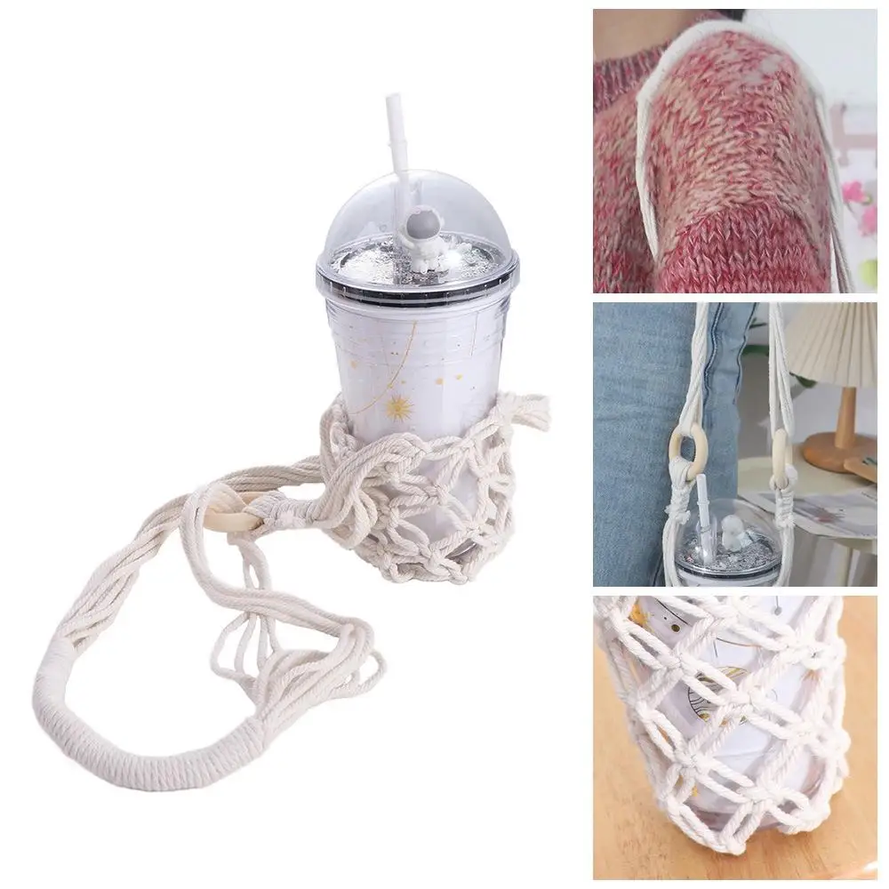 

Bohemian Hanging Bottle Net Bag Hand-woven Hollow Out Coffee Cup Holder Easy To Carry Handmade Crochet Wine Bottle Carrier