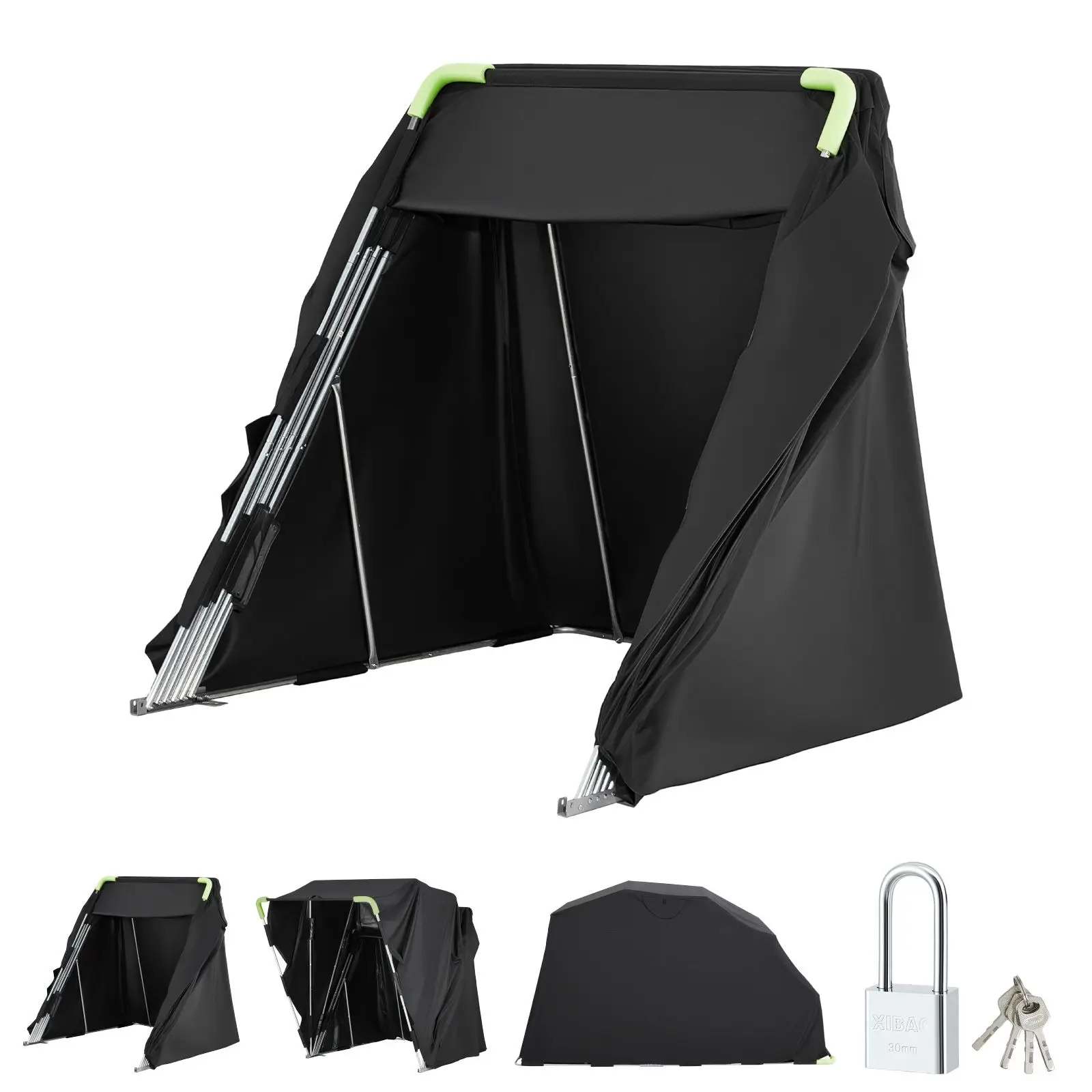 Motorcycle Storage Shelter with Security Lock, 600D Oxford Flip-Up Garage Tent, Heavy-Duty All-Weather Motorcycle Cover with Ventilation Windows, 136x54x75 in Outdoor Vehicle Shelter, Black