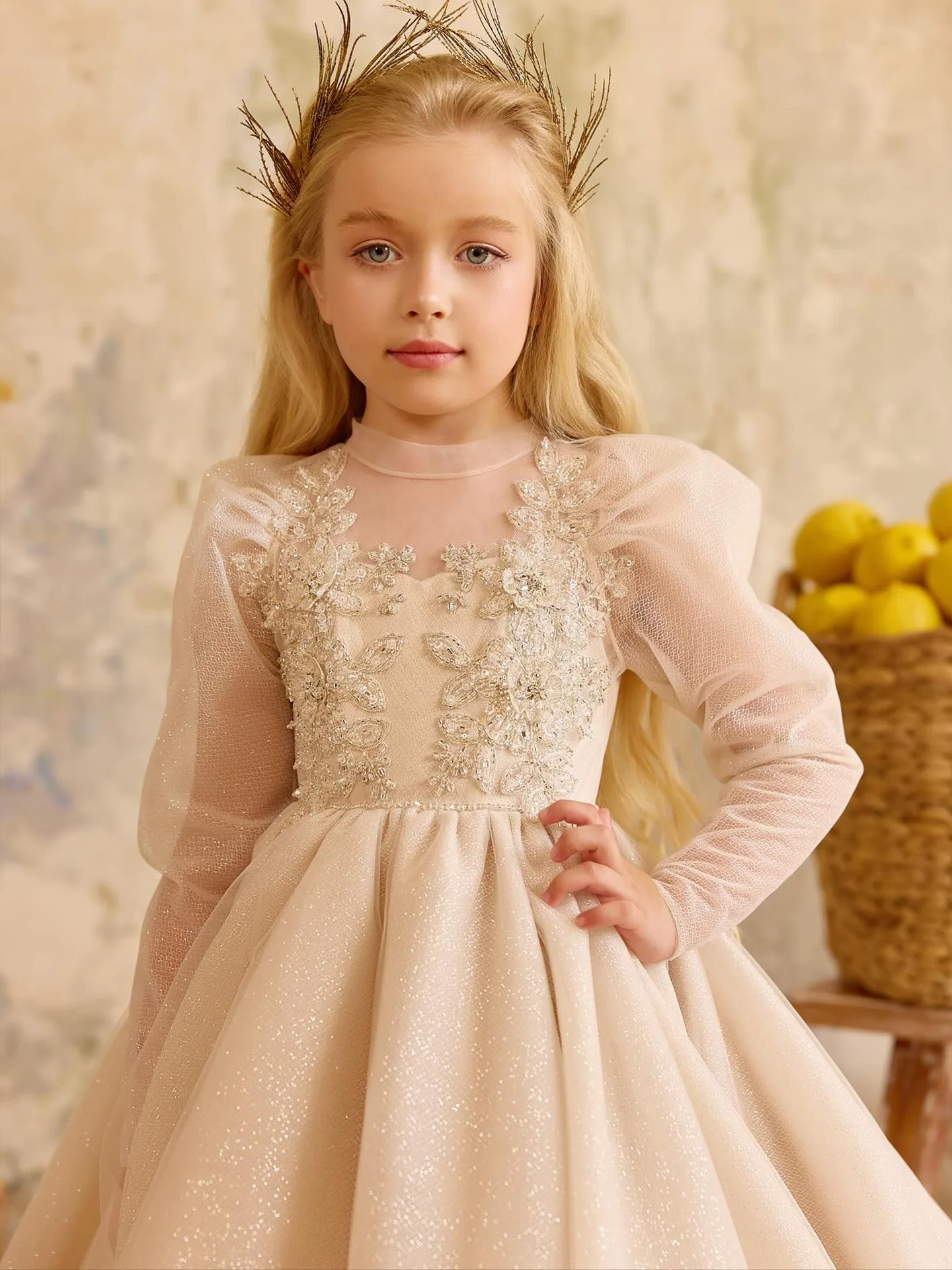 Beige Sequin Flower Girl Dress First Christmas Party Dress Wedding Gown Long Sleeve Embroidered Formal Occasion Dress for Girls