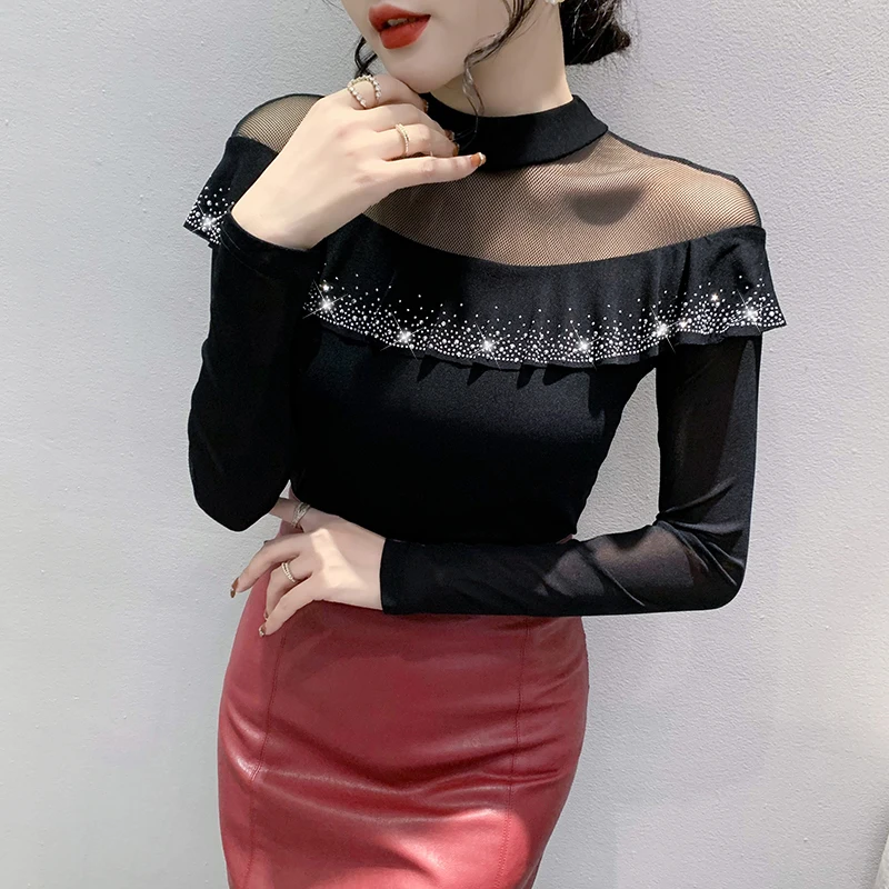 Primavera otoño mujer camiseta Patchwork malla diamante camisa cuello redondo moda coreana manga larga volantes Casual Tops