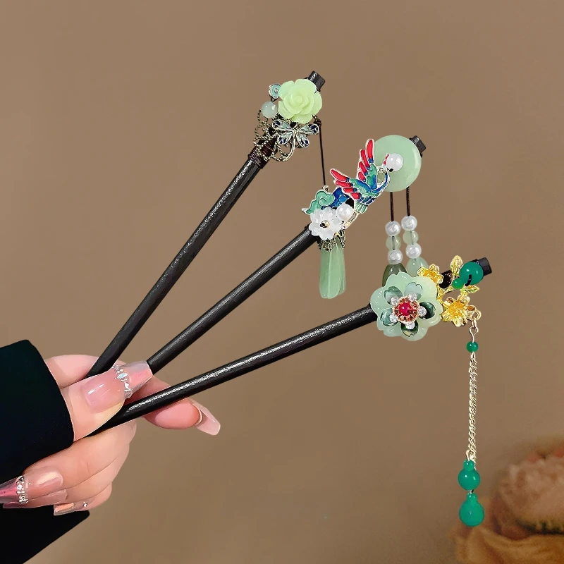 Chinese Ancient Style Hairpin Tassel Bu Yao Imitation Ebony Wood Hair Accessories Han Dynasty Accessoriesin for Women