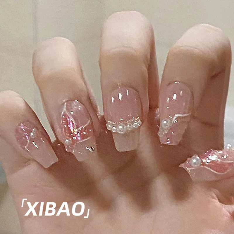 

10pcs Nude Press On Nails with Pink Floral Design and Pearl Decorations Handmade Reusable Nail Tips for Parties and Daily Wear