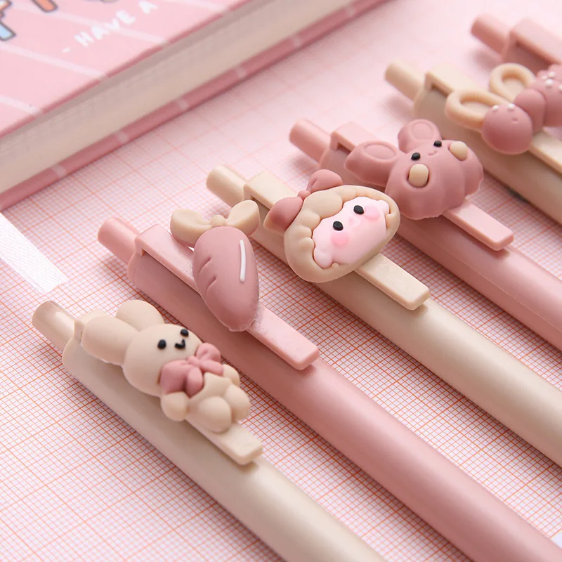 CHEN LIN 5Pcs Cute Sweet Pink Girl and Rabbit Gel Pen Cartoon Press Pen 0.5mm Black School Supplies Stationery Kawaii Funny Pens