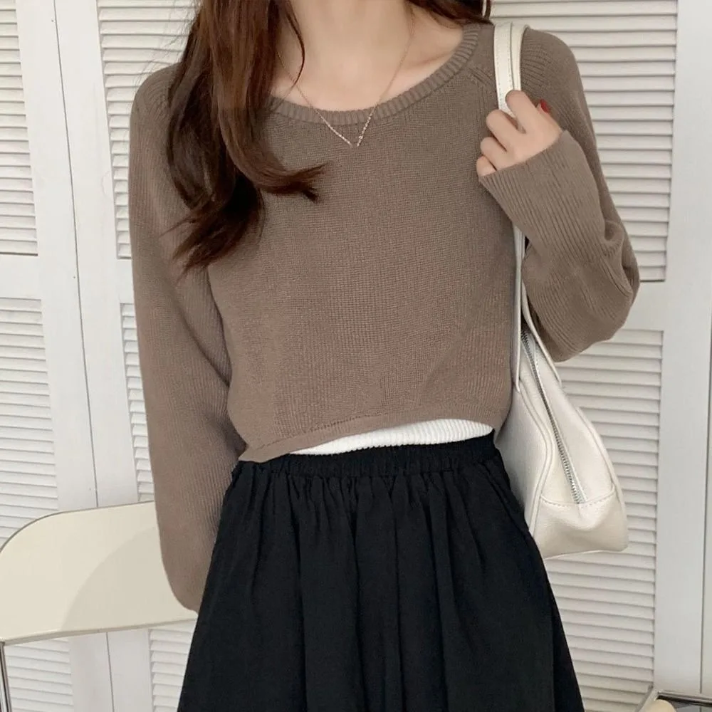 

Simple Long Sleeve Knit Short T-shirt Loose Korean Style Crochet Knitwear Autumn Sweater Cover Up Crop Top Girl