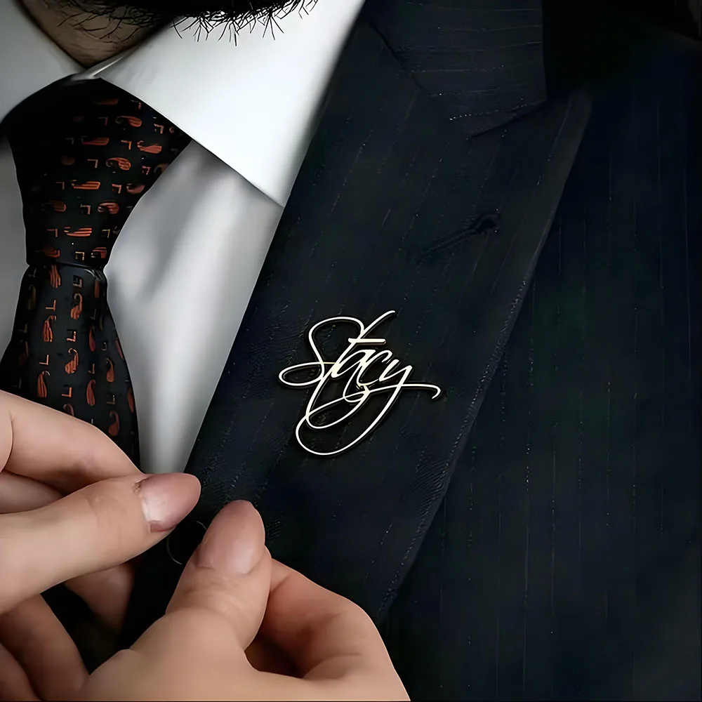 Custom Signature Name Lapel Pin Personalized Cursive Script Badge 18K Gold Plated Stainless Steel for Men Business Suit Wedding view 5