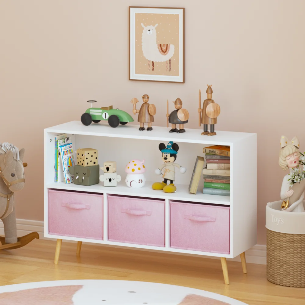 Kinder-Bücherregal mit zusammenklappbaren Stoffschubladen, Kinderbuch-Display, Spielzeug-Aufbewahrungsschrank, Organizer, Weiß/Rosa