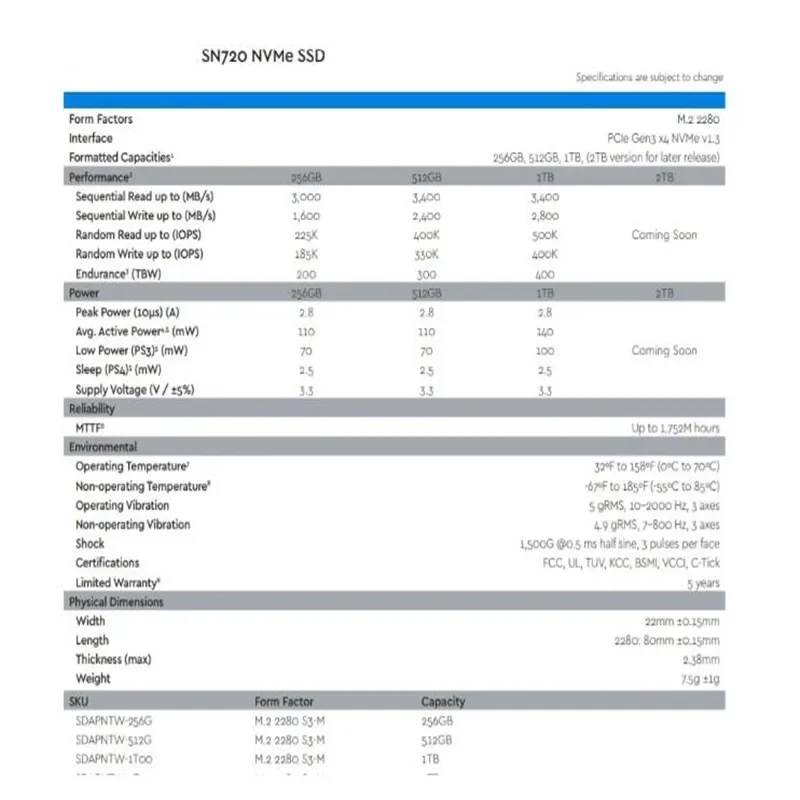 PCIE NVME 2280, WD SN720, 1TB, 256G, M.2 용 SSD, 정품 신제품