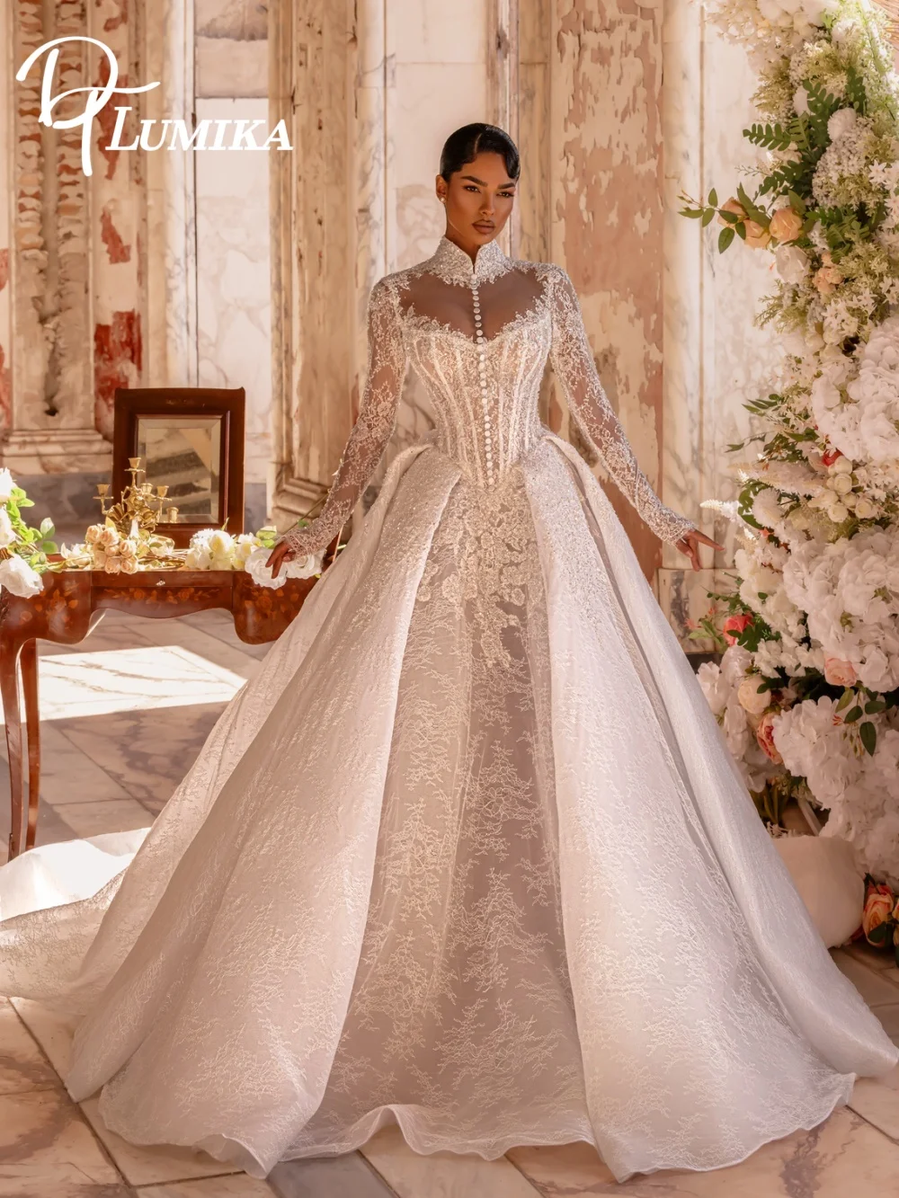 

Demure High-Neck Pearl-Button Wedding Dress 2026 Romantic Lace-Sleeve Bridal Gown Fashion Ball-Gown Floor-Length Bridal Dress Ro