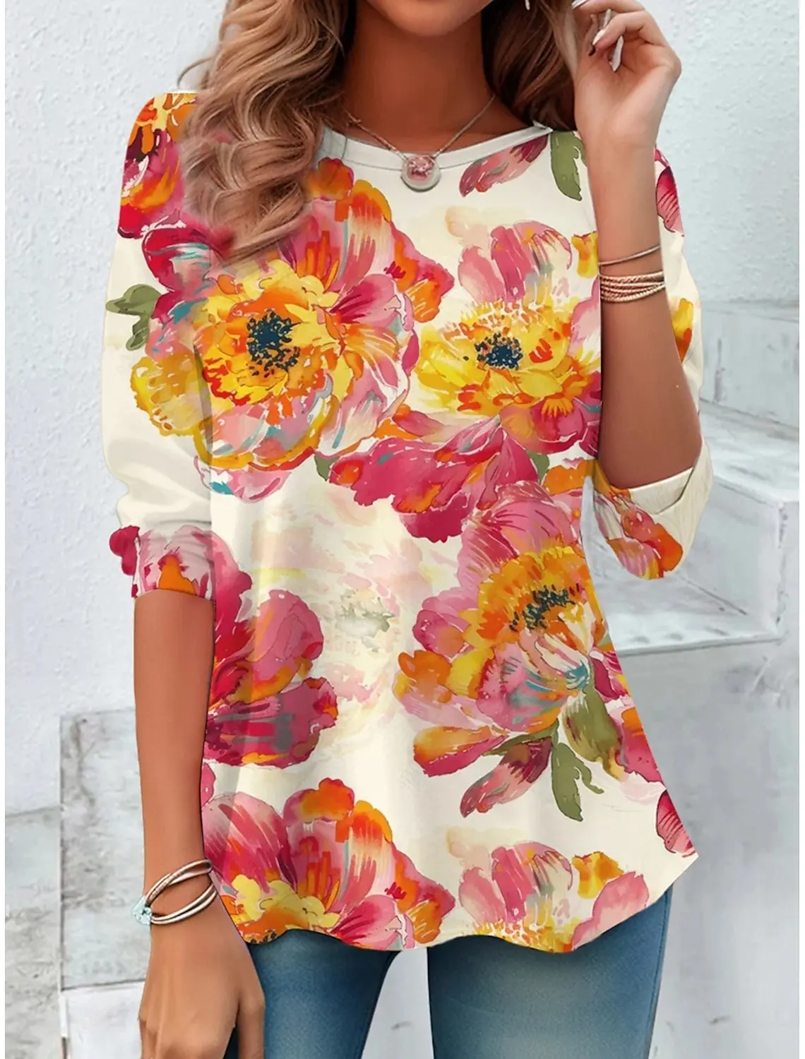 

2025 Fashion Women's Floral Graphic Plants Elegant O-Neck Long Sleeve T-Shirts Y2K Casual Tops Womens Clothing Harajuku Pullover