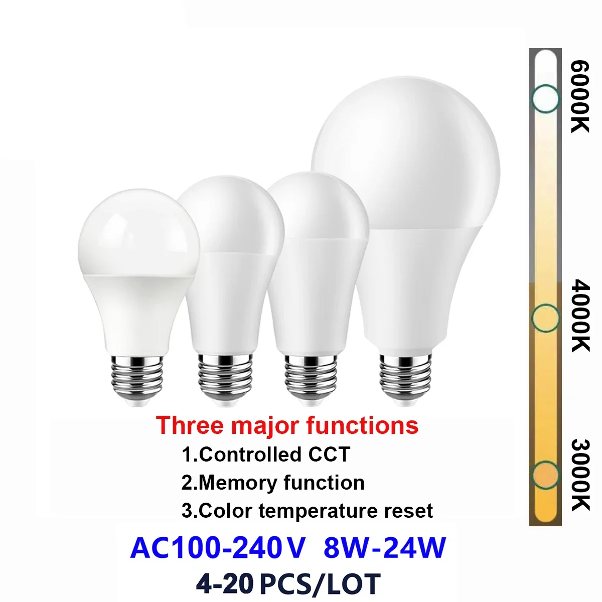 

4-20PCS AC110V/AC220V Smart 3-color dimmer light bulb with memory with memory E27 B22 Light Real Power 8W-24W No strobe light