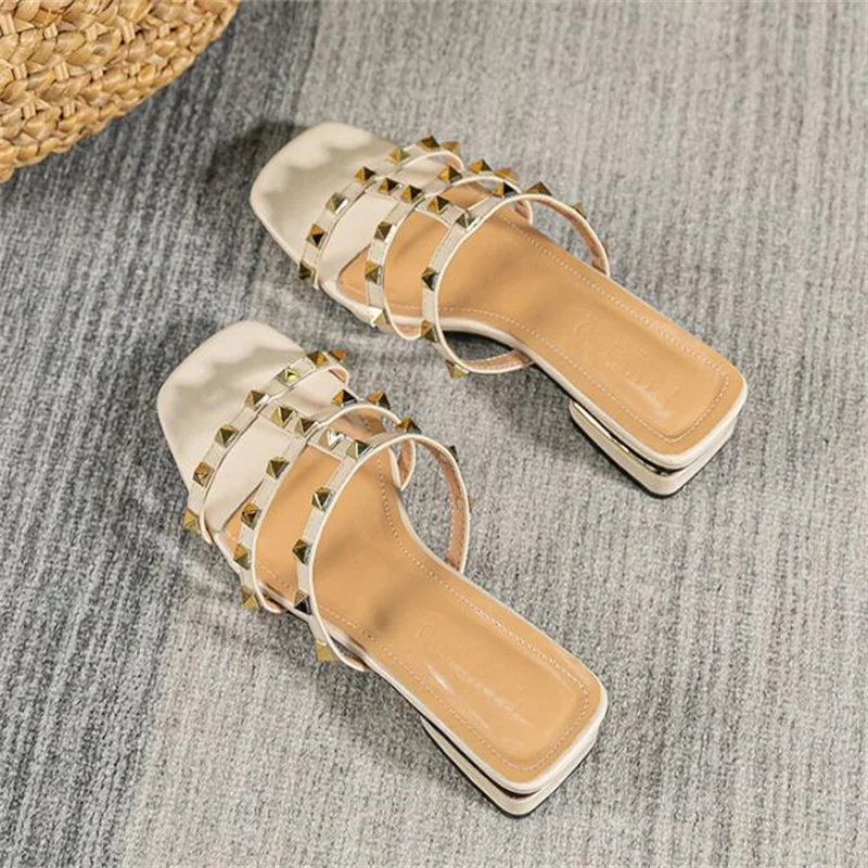 Summer Low Heel Women Rivets Sandals Thin Ribbon Fashion Korean Design Girls Shoes Large Size Wear Slippers Free Delivery