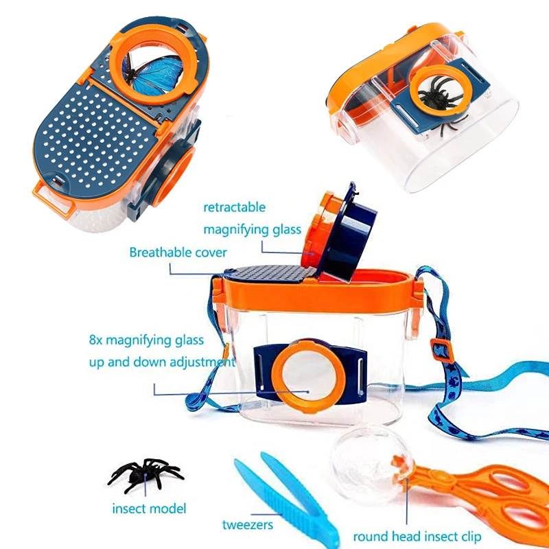 Caja de insectos al aire libre para niños, Kit de observación de lupa, jaula atrapamoscas, ciencia, herramientas de exploración de la naturaleza,