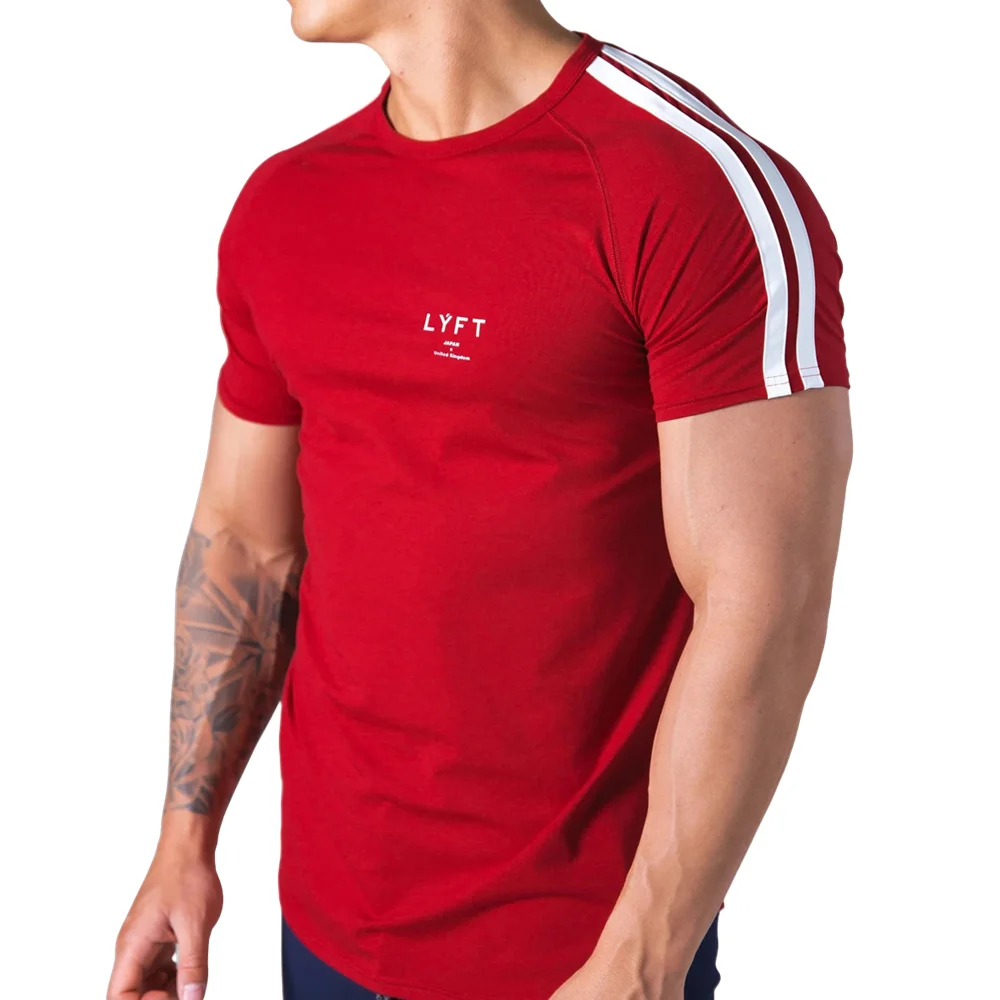 Men Running Sport Skinny T-shirt Summer Cotton Tee Gym Fitness Red Tops Male Bodybuilding Short Sleeve Training Workout Clothing