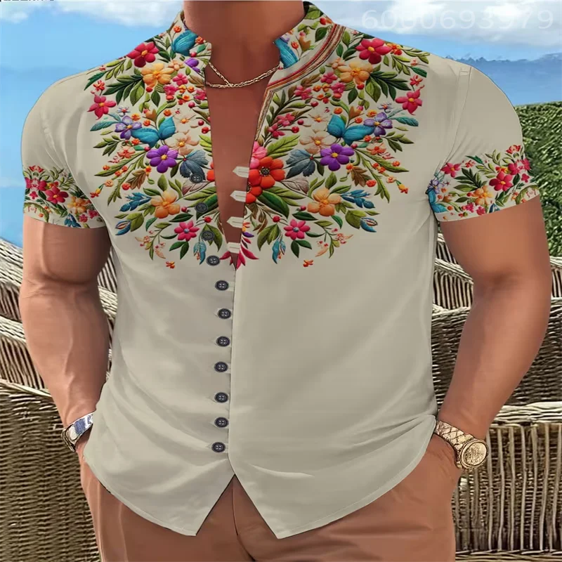 

New men's printed shirt, 11-button style, fashionable stand collar, loose fit, casual street style, comfortable.