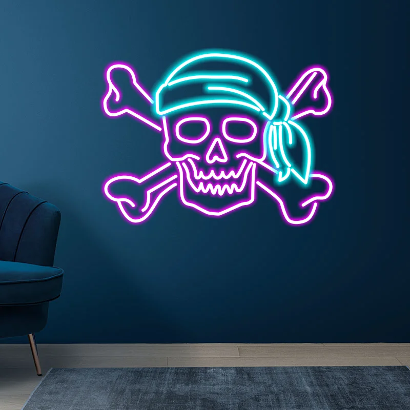 Skull In Pirate Costume Neon Sign, Creative Wall Hanging Neon Light, Whimsical Gift, Halloween Decor