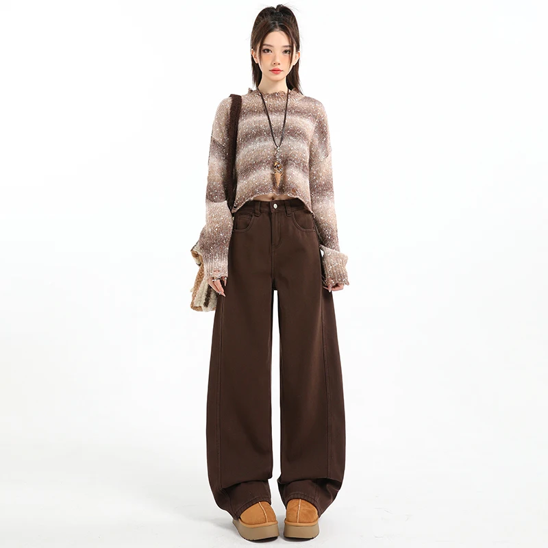 Jeans da donna a gamba larga color caffè Maillard in velluto spesso in autunno e inverno, pantaloni da pavimento alti da strada con coltello curvo