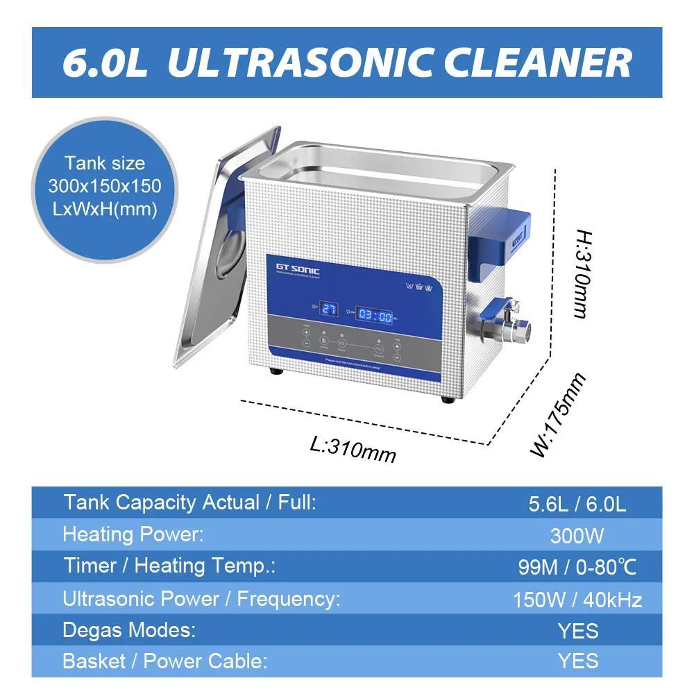 Digital Ultrasonic Cleaner Bath 6L 150W Stainless Tank Degas Timer Heater Remove Rust Oil Degreaser Fuel Nozzle Ultrasound Clean