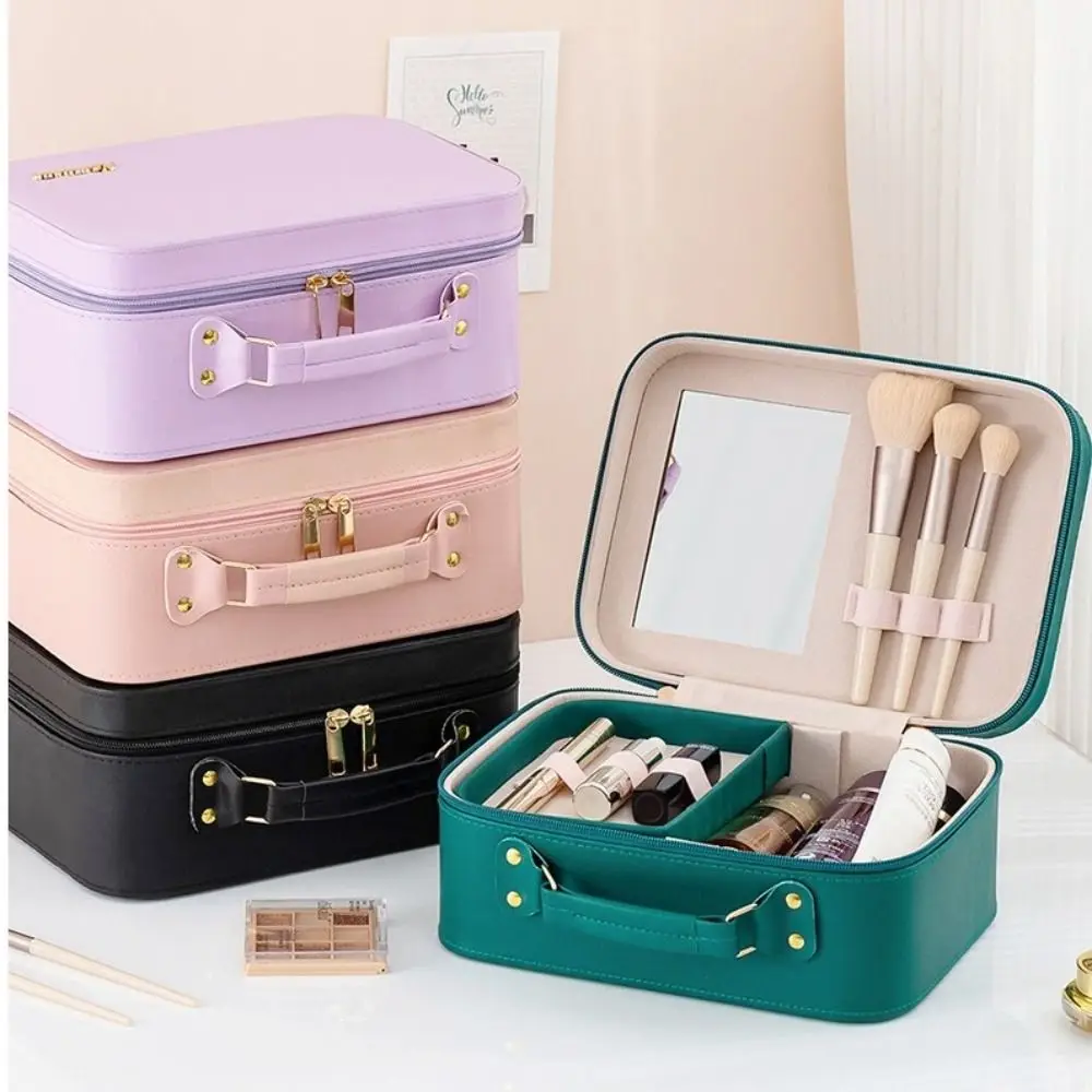 New PU Leather Makeup Case with Mirror Large Capacity Cosmetic Pouch Portable Waterproof Toiletry Bag